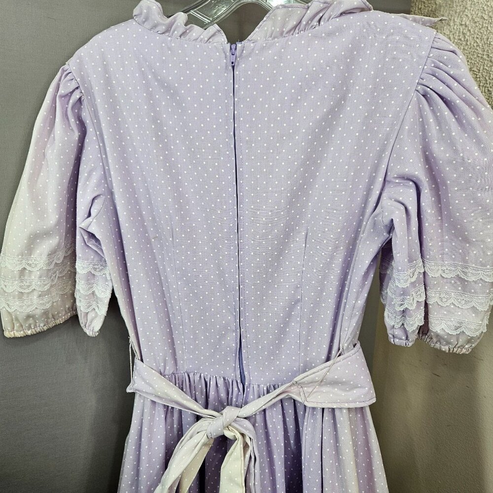 Vintage 1980s Joni Bee Dress 8 Ruffled Lace Trim Belt Polka Dot Western Dance US - Picture 4 of 10